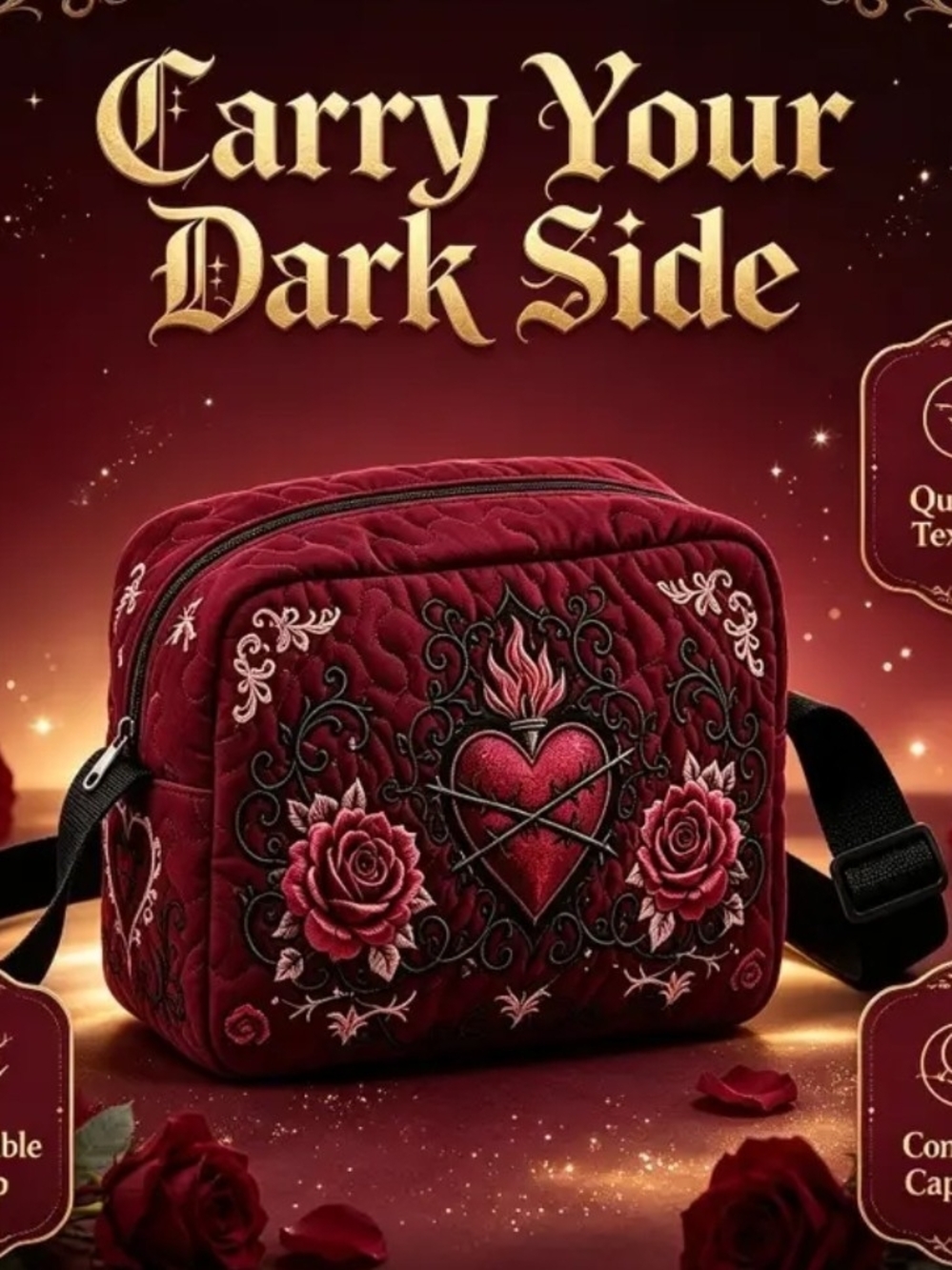 Embroidered Heart & Rose Crossbody Bag - Deep Red